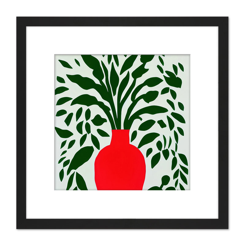 Green Leaves Bold Red Vase Flat 2D 1 Piece Single Picture Frame Painting