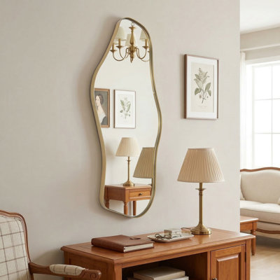 Modern Asymmetrical Accent Wall Mirror with Gold Metal Frame, 39" x 18"