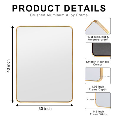 Bathroom Mirror, Brushed Aluminum Alloy Frame Vanity Rounded Rectangle Wall Mirror For Bedroom, Living Room, Hanging Or Leaning Horizontal Or Vertical