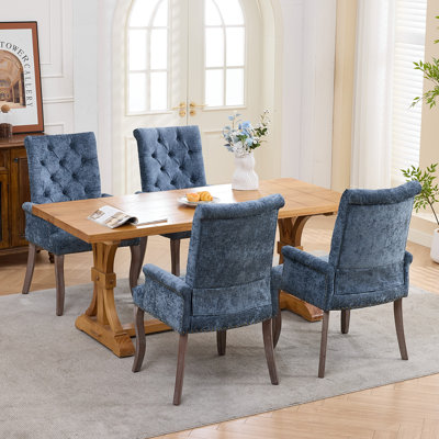 Ensemble de 2 chaises bleues avec accoudoirs en chenille, dossier capitonné et pieds en bois massif, fauteuils d'appoint pour la salle à manger, la cuisine, le salon, bleu