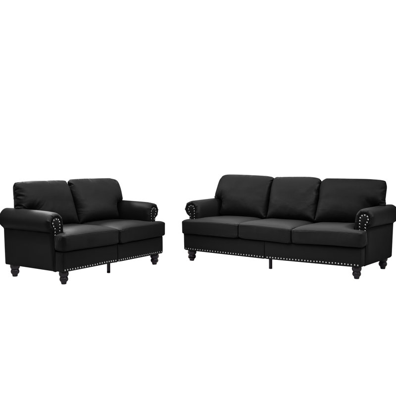 5 places et cuir de vache, design classique moderne avec clous argentés, coussins à ressorts ensachés, espace de rangement, sièges confortables, revêtement en similicuir noir facile à nettoyer, design, rond,