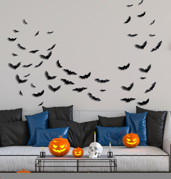 Décoration tridimensionnelle d'Halloween à DEL de nuit, chauves-souris, fête de Noël, vitrine, décoration de garage, autocollants muraux en PVC