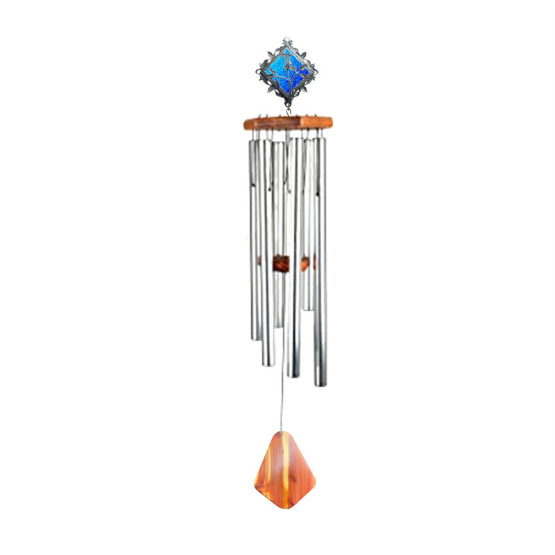 Carillon - 36 po - Vitrail - Tube - Bois, Bleu sarcelle / argenté