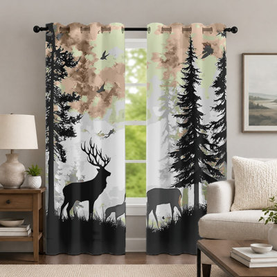 2Pcs Forest Deer Pattern Curtains, Nature Scenery Theme Curtain, Rustic Woodland Silhouette Printed Art Grommet Drapes, Window Treatment for Bedroom Living Room Decor