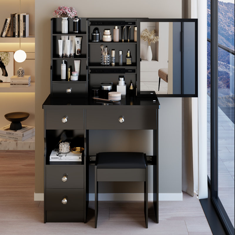 Petit meuble-lavabo 29,2 po avec tabouret de bureau et tabouret, Noir