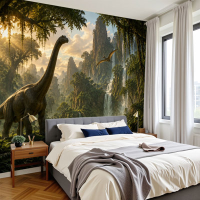Peel and Stick Wallpaper Brontosaurus Prehistoric Jungle Waterfalls Pterosaur Golden Sunset Wall Murals 100"H x 144"W Removable PVC Wall Paper Self-Adhesive Wall Decor for Bedroom Home Office