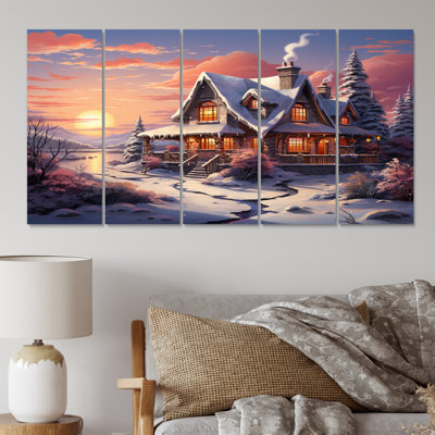 «Winter Snowy Cottage II», impression sur toile - 5 panneaux égaux
