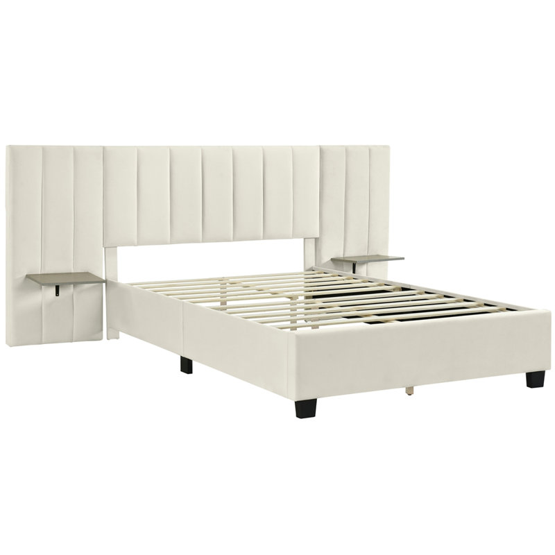 Grand lit plateforme tapissier en velours avec tablettes des deux côtés, Beige