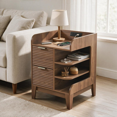 End Table with 2 Drawers and Power Outlet, Walnut