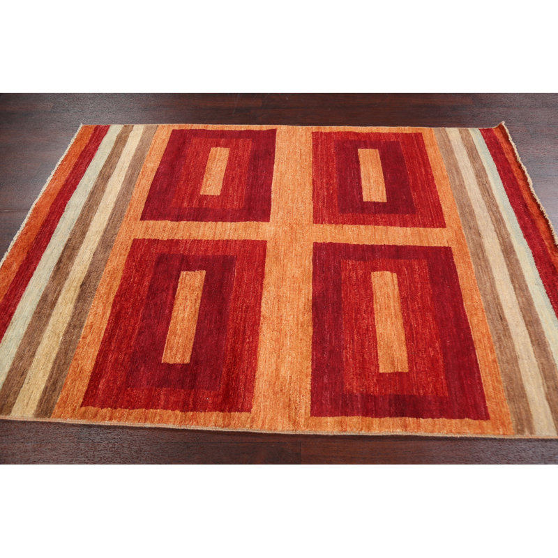 Tapis orange / brun en laine noué à la main de conception unique 4 pi 5 po x 6 pi 2 po New Age
