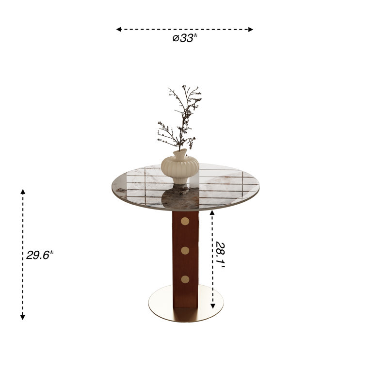 Contemporary Luxe 33'' Round Dining Table Collection with Walnut Legs and Gold Accents — Featuring Eclipse Noir Glass, Glacier Vein, Desert Bloom, and Night Grid Marble Finishes