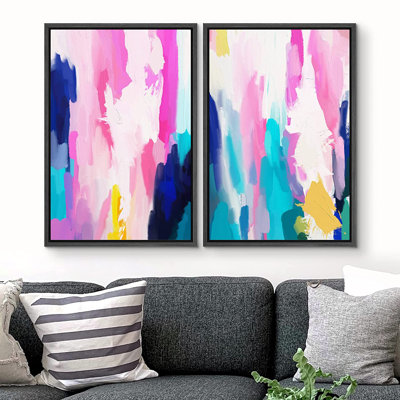Colorful Brushstrokes Bright Pink Blue Artwork Wall Art 2 Pieces Painting Image Print