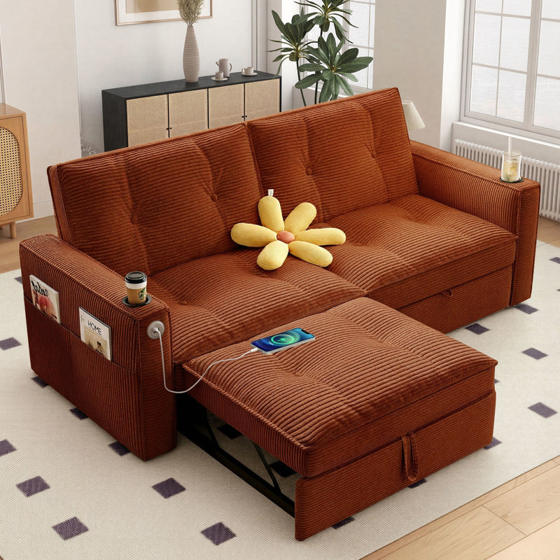 73" Queen Square Arms Tufted Back Convertible Sleeper Sofa with Cushions for living rooms, Orange