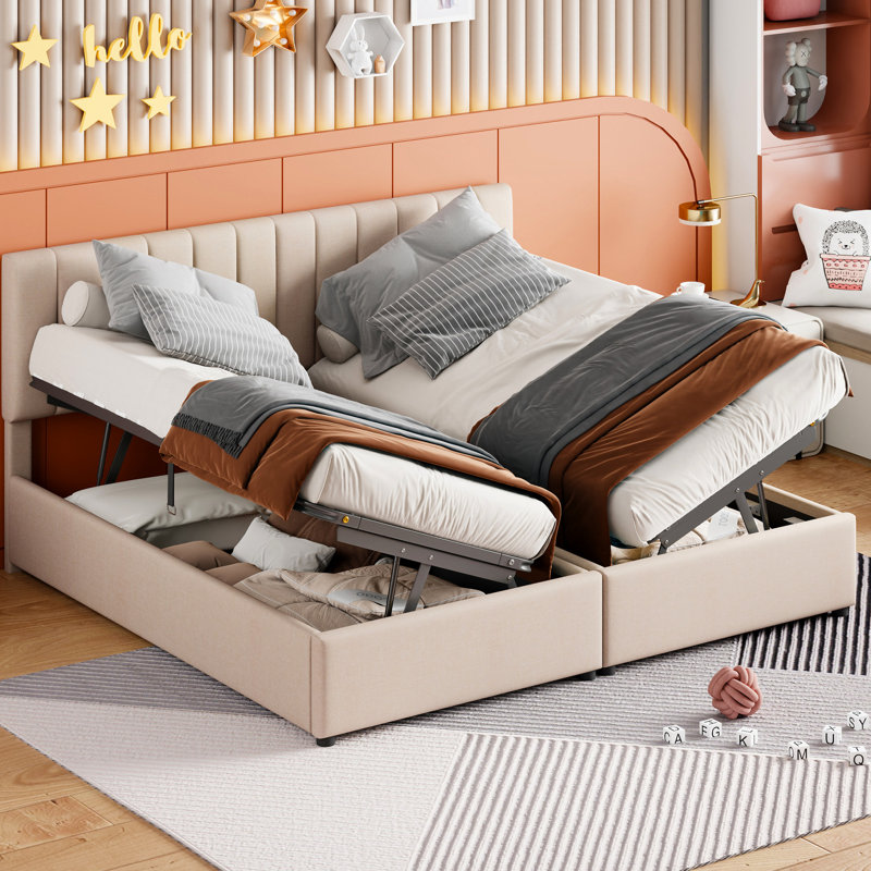 Très grand lit plateforme avec revêtement beige et espace de rangement optionnel