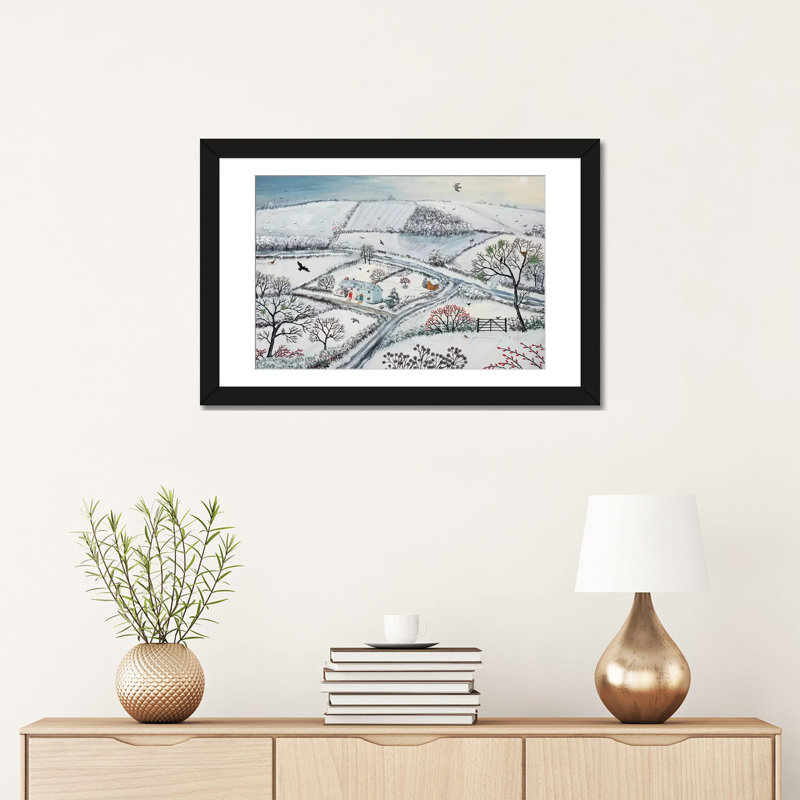 « winter hills », reproduction sur toile, H 16 po x l 24 po x P 1 po, Papier avec cadre noir, Blanc