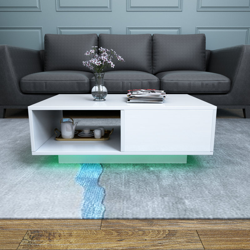Nelliston LED Coffee Table with Drawer, 15.7"H x 23.6"L x 43.3"W, White
