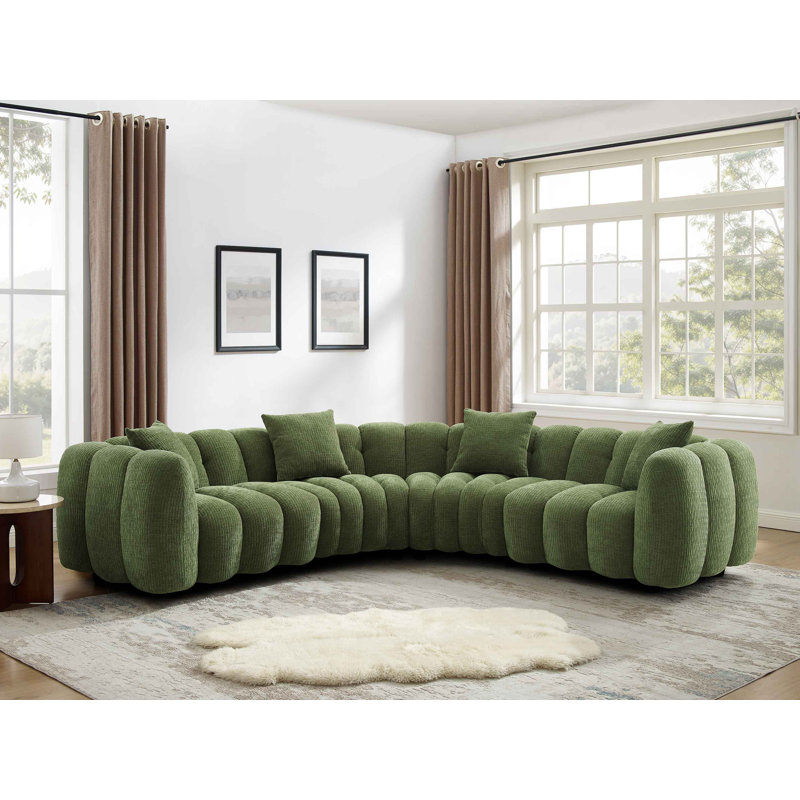 Ollis Minimore Modern Style Winnie L Shape Type2 5S Sofa, Green Chenille