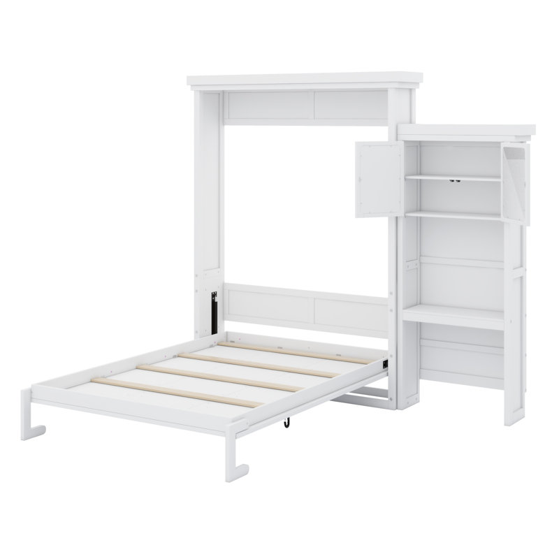 Lit escamotable avec plusieurs tablettes de rangement et décoration à persiennes, Blanc