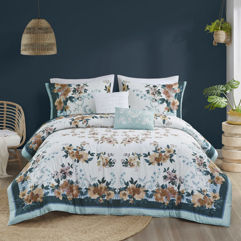 Édredon floral avec rembourrage - Double / grand 5 pièces et bordures sarcelle