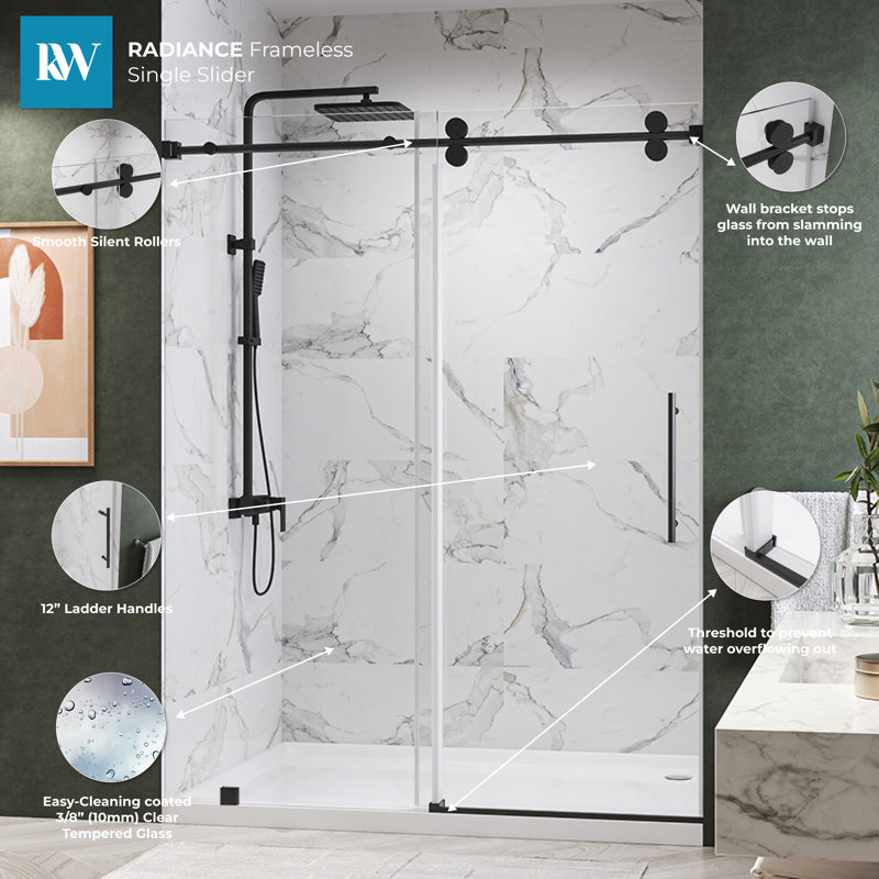 KW04 62 - 66 In. W X 76 In. H Single Sliding Frameless Shower Door With 3/8 In. Clear Glass, Matte Black