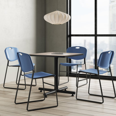 Nicklas square break room table, 4 Zeng stacking chairs