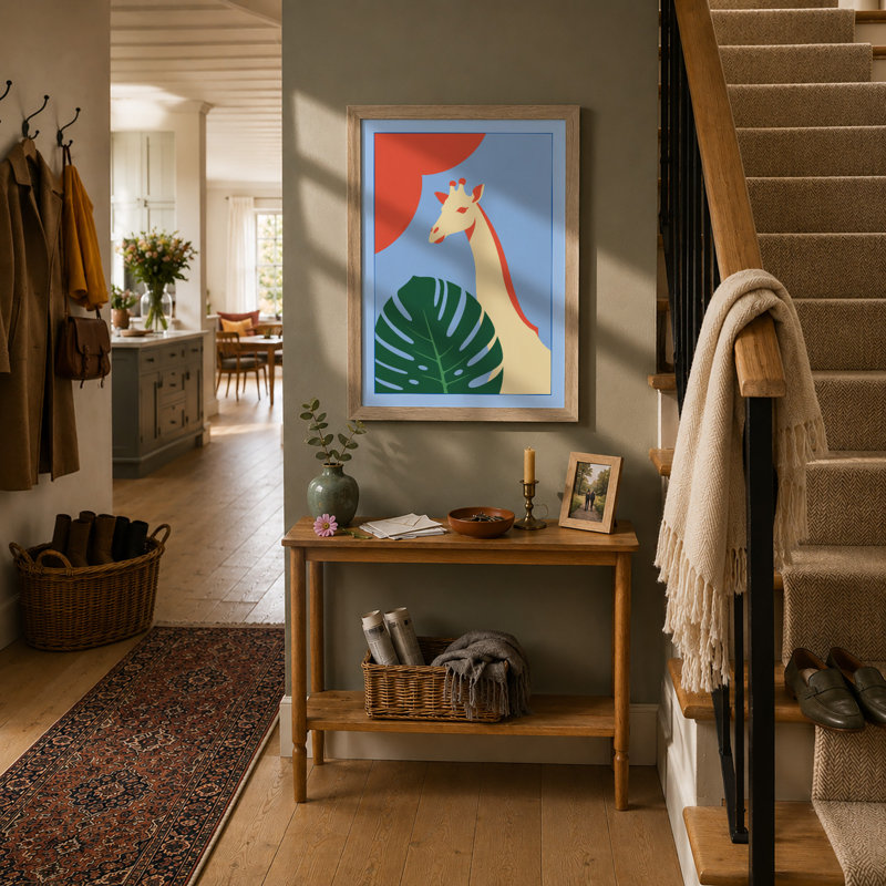 Giraffe and Monstera Modern - Framed Print, A2 - 59.4 x 42.0 cm, Oak