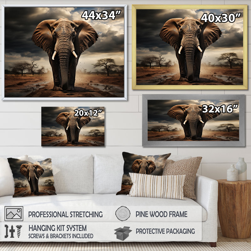 Éléphant harmonie en monochrome IV - reproduction sur toile, Cadre naturel flottant, H 34 po x l 44 po x P 1,5 po