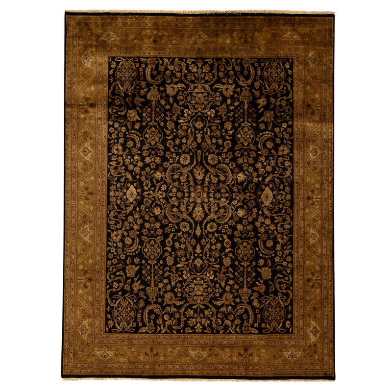 Hand Knotted Wool Oriental Area Rug in Black And Gold