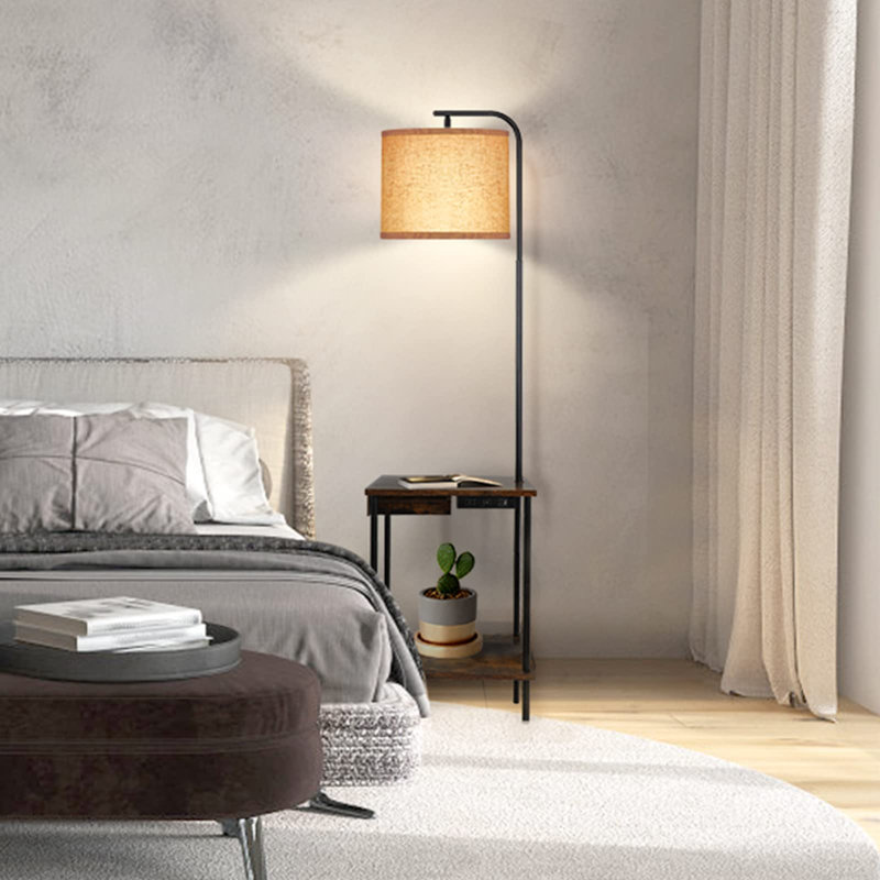 Walnut Finish Floor Lamp With Integrated Table, Drawer, USB Ports, And Remote Control, 4 Color Temperatures