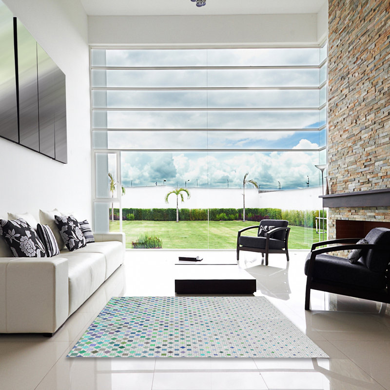 Tapis bleu/blanc à motifs, Carré 4 pi