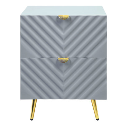 Table de chevet grise ultrabrillante avec pieds en métal et 2 tiroirs planifiés