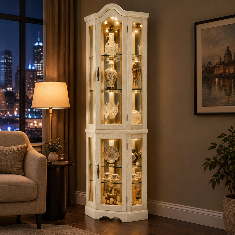 Vitrine d'angle éclairée avec portes en verre trempé, Blanc