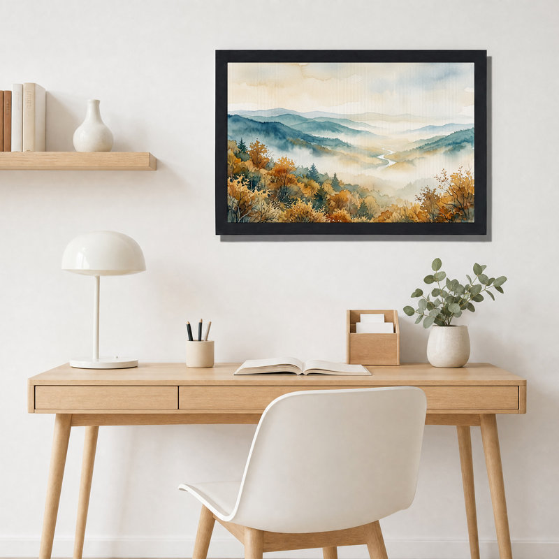 Tableau mural à l'aquarelle sur toile représentant la vallée de la rivière brumeuse et les montagnes d'automne, 20"H x 30"W