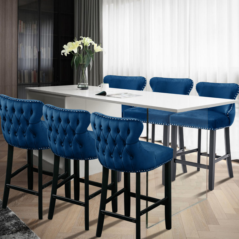 26.7" Velvet Upholstered Back Counter Barstools, Navy