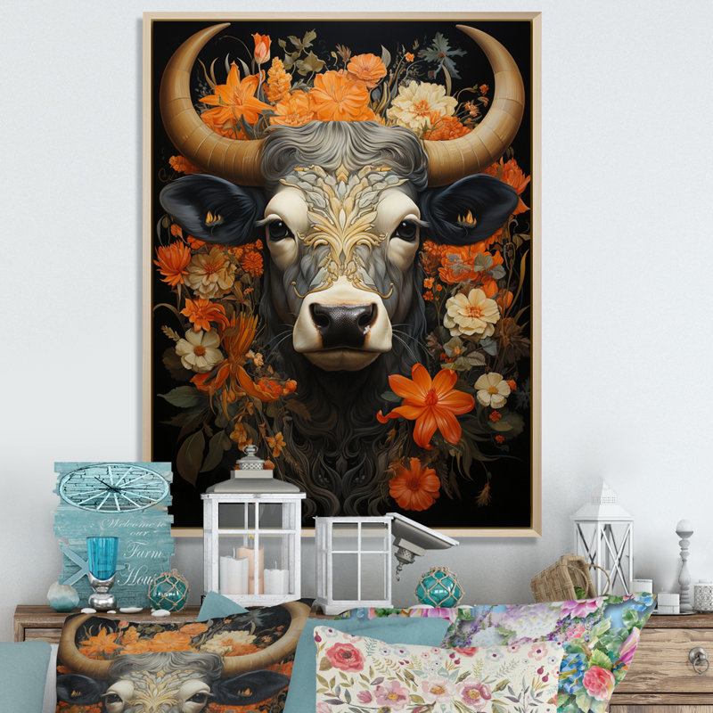 Steinfort " Hinduisim Sacred Cow ", 44" H x 34" W x 1.5" D, Natural Floater Framed