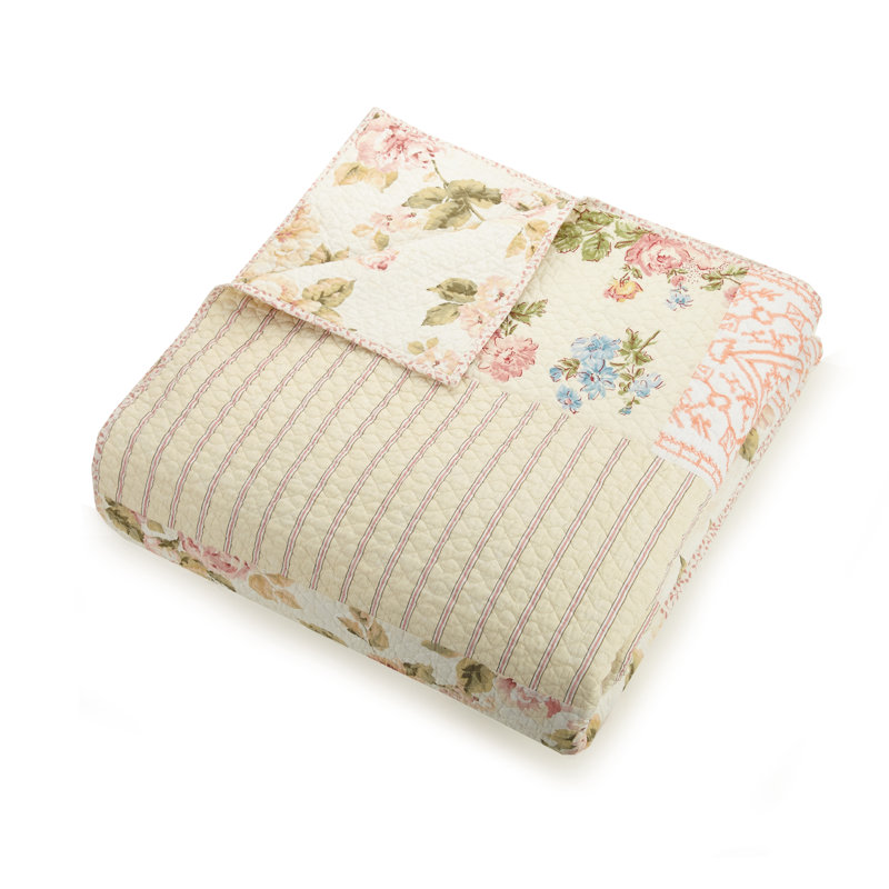  Sweet Blooms 100% Cotton Embroidered Pieced Quilt, Full/Queen