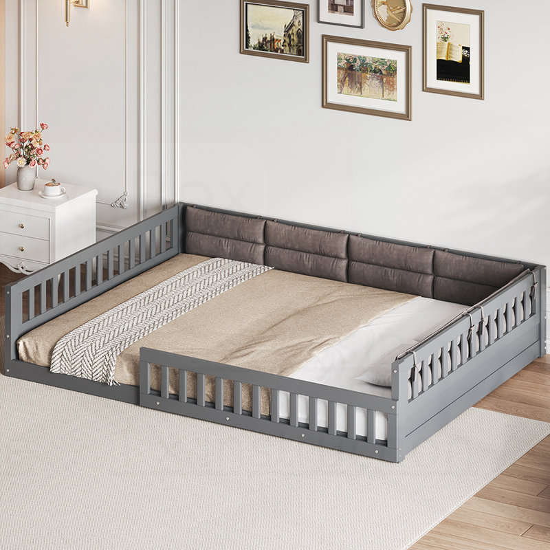 Lit plateforme tapissier en bois avec garde-corps et coussin pour le confort et la sécurité, pas besoin de sommier tapissier
