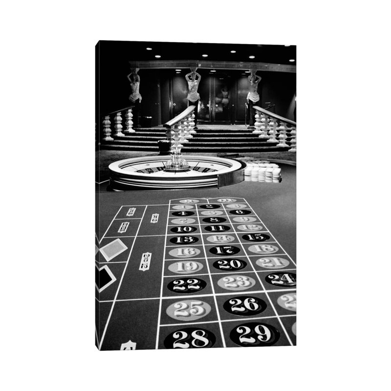 1960s Casino Viewed form End of Roulette Table Opposite of Wheel Looking Toward Statues of Female Showgirls 1 Piece Wrapped Canvas Wall Art