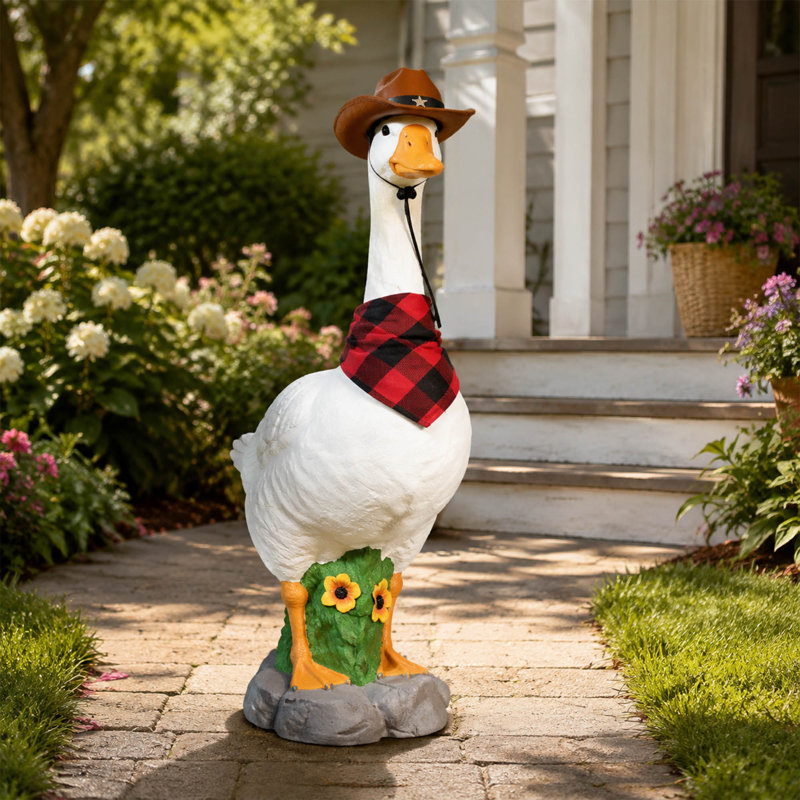 Statue d'oie de porche, décoration d'oie de jardin ajustable avec chapeau de cowboy et base à remplir