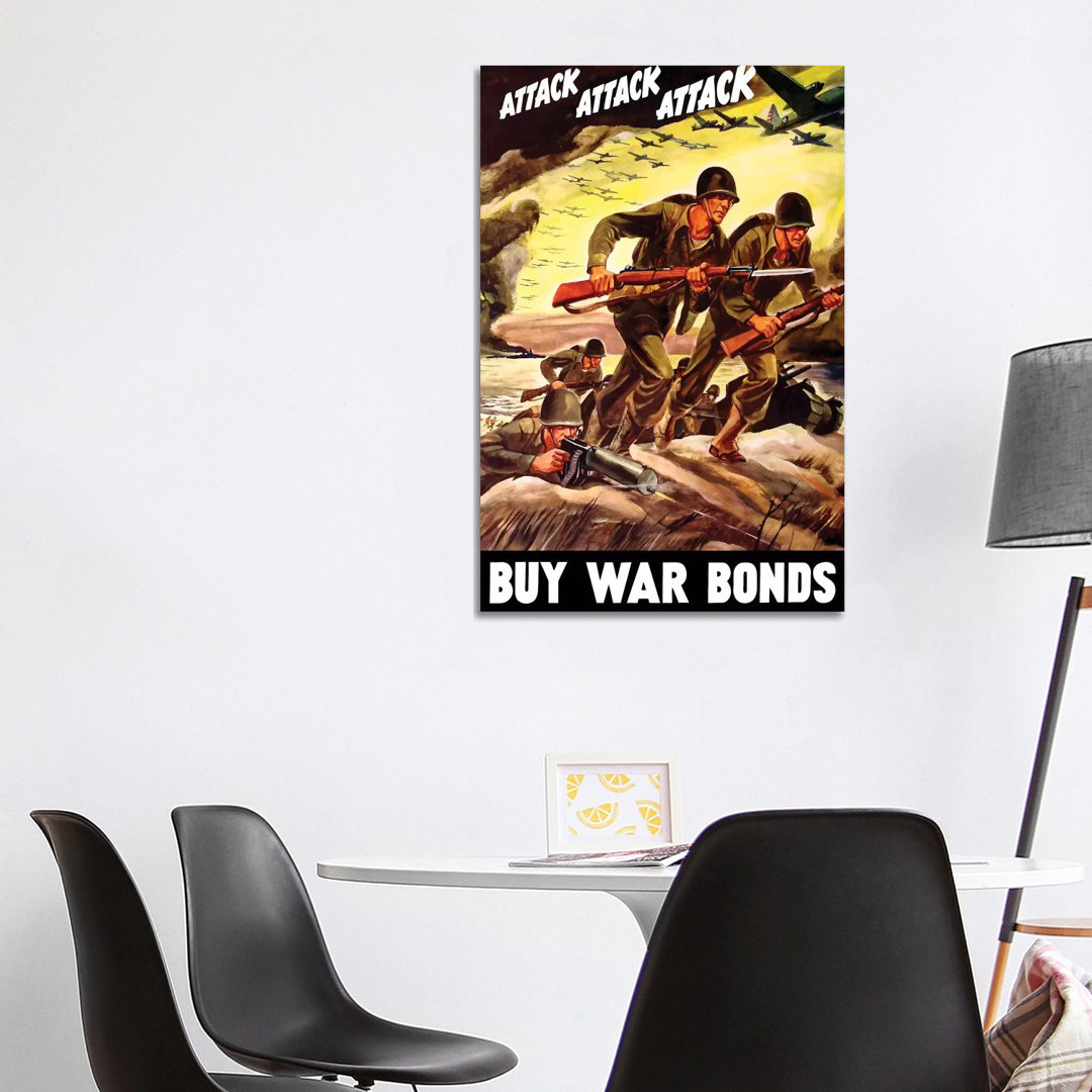WWII Propaganda Poster Of Soldiers Assaulting A Beach With Rifles by Stocktrek Images - Wrapped Canvas Print