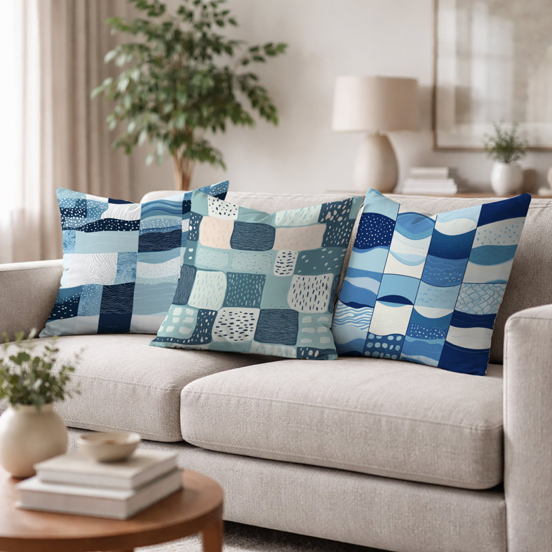 Coussin Ocean Quilt - Imprimé bleu côtier, H 16 po x l 16 po