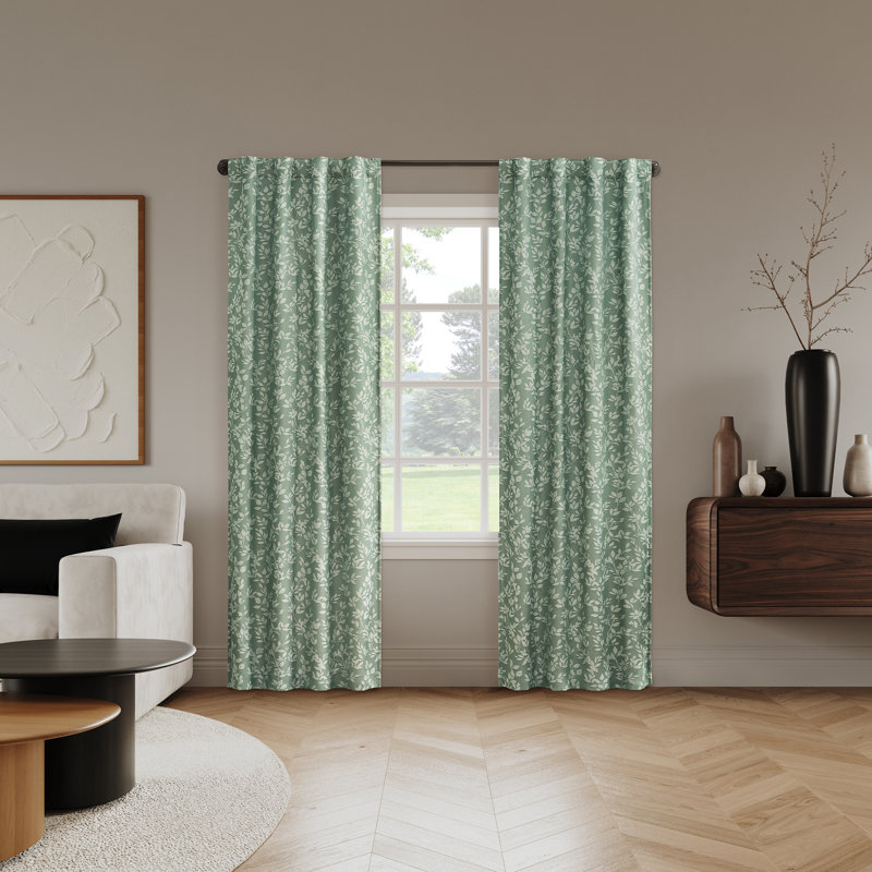 Estelle Foliage Woven Jacquard 100% Blackout Back Tab Curtain Panel (Set of 2), Green, 72" W x 84" L