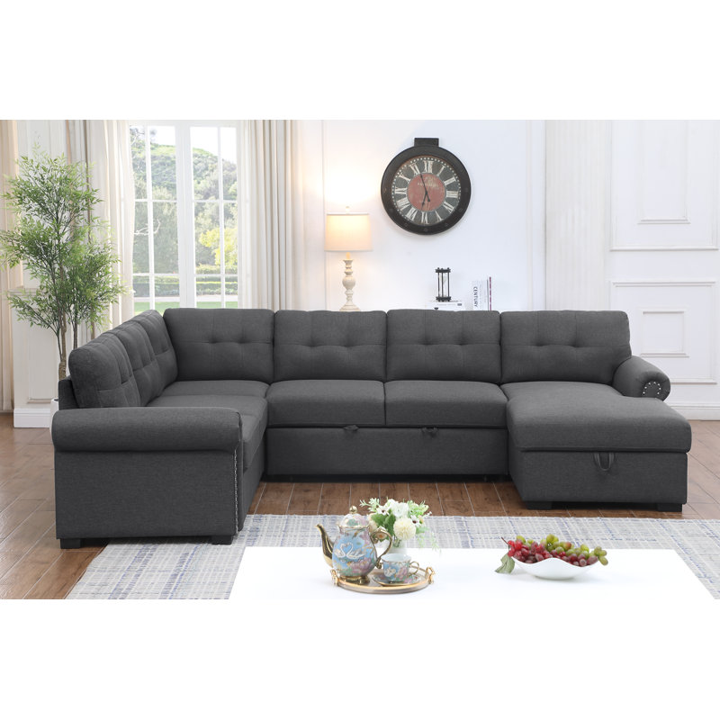 Nazlije Upholstered Pull-Out Sleeper Sectional Chaise with Storage, Dark Gray Polyester