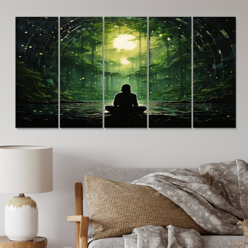 Vert noir, yoga dans la forêt tropicale - reproduction d'art sur toile - 5 panneaux égaux