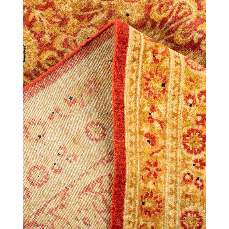 Tapis noué à la main de conception unique Spirgel - orange, 6 pi 2 po x 9 pi 5 po