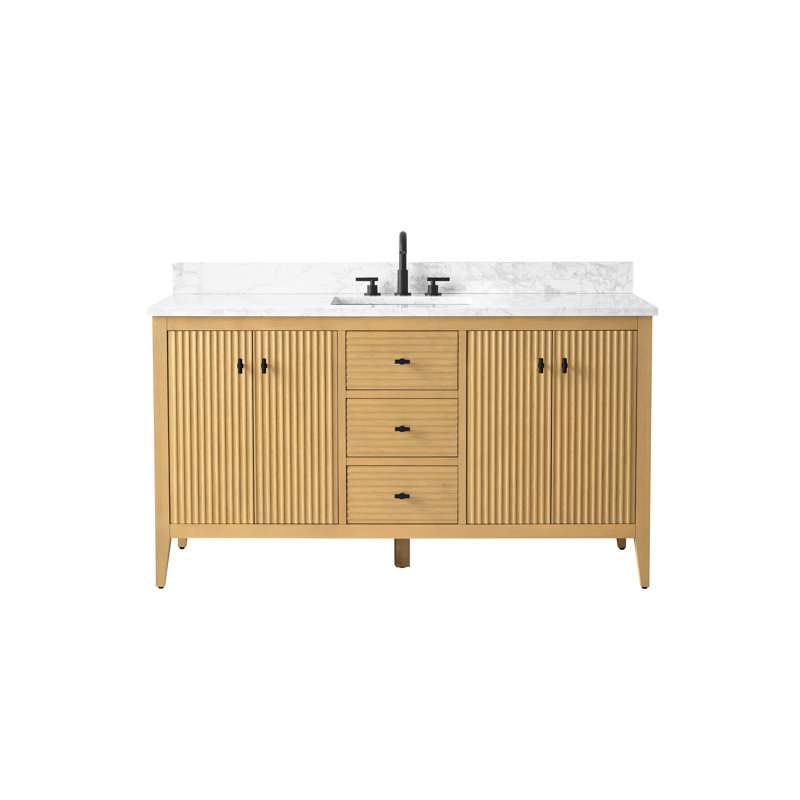 Ensemble de meuble-lavabo autoportant avec lavabo en marbre 60 po Lavallon, Chêne naturel linéaire, Noir mat