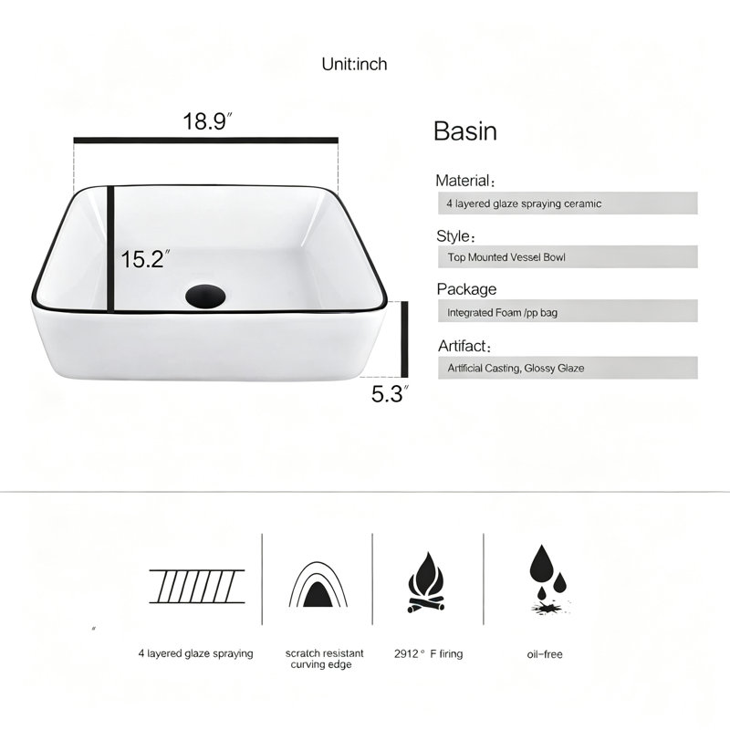 Modern White Ceramic Rectangular Basin Vessel Sink with Faucet