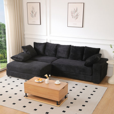 108.6" Sectional Sofa, Thickened Corduroy Sectional Couches For Living Room,comfortable L-shaped Chaise Sectional Sofa With Storage Ottoman,Eight Throw Pillows,Black
