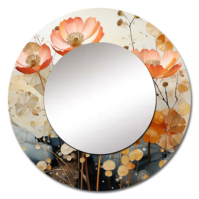 Peach Blossoming Abstractions II - Botanicals Large Wall Mirror, Modern Round Decorative Mirror, Printed Metal Art