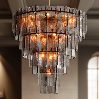 47" Gold Tiered Glass Chandelier, 18-Light Large Modern Pendant Lighting With E26 Sockets, Adjustable Rod, Clear Textured Glass Panels, LED Bulbs Included For Dining Room, Living Room, Foyer